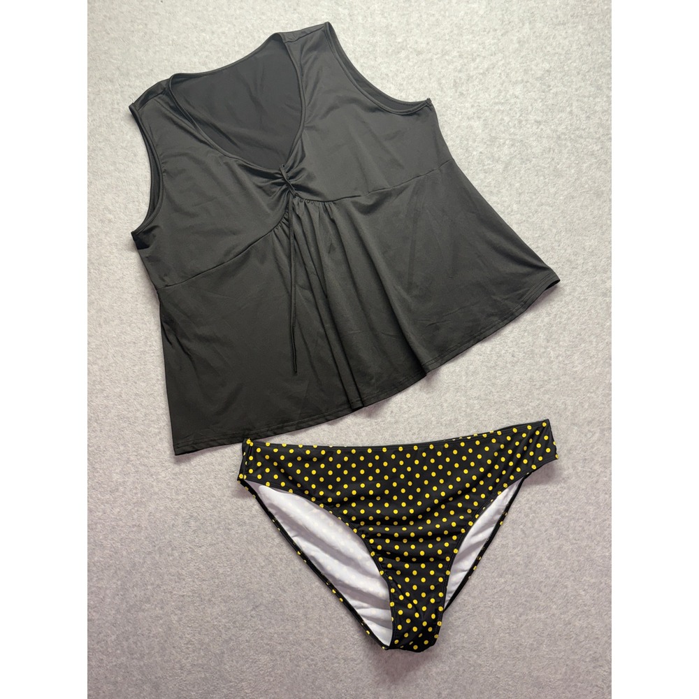 Black Tankini Swimsuit Set Polka Dot Bottoms V-Neck Empire Waist 6XL